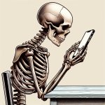 Human skeleton sitting at a desk holding a smart phone
