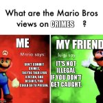 Although I have committed a crime before | CRIMES; ME; MY FRIEND; IT'S NOT ILLEGAL IF YOU DON'T GET CAUGHT. DON'T COMMIT CRIMES, THEY'RE THER EFOR A RESON, AND BESIDES, YOU COULD GO TO PRISON. | image tagged in what are the mario bros views on,crimes,crime | made w/ Imgflip meme maker