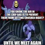 Why do people complain about this? | YOU KNOW, THE AIR IN THE CHIP BAG IS TO PREVENT THEM FROM GETTING CRUSHED RIGHT? UNTIL WE MEET AGAIN | image tagged in he man skeleton advices | made w/ Imgflip meme maker