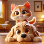 Cute kitten sitting on a puppy weirdly