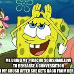 i do this in the shower | WHAT THE HELL; ME USING MY PIKACHU SQUISHMALLOW TO REHEARSE A CONVERSATION
WITH MY CRUSH AFTER SHE GETS BACK FROM HER DAD`S | image tagged in gifs,crush,pikachu | made w/ Imgflip video-to-gif maker