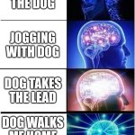 Made by AI | WALKING THE DOG; JOGGING WITH DOG; DOG TAKES THE LEAD; DOG WALKS ME HOME ON A LEASH | image tagged in memes,expanding brain | made w/ Imgflip meme maker