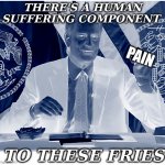 Human Suffering Component | THERE'S A HUMAN SUFFERING COMPONENT; PAIN; TO THESE FRIES | image tagged in burger component | made w/ Imgflip meme maker