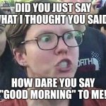 Triggered Liberal | DID YOU JUST SAY WHAT I THOUGHT YOU SAID? HOW DARE YOU SAY "GOOD MORNING" TO ME! | image tagged in triggered liberal,good morning,outrage,liberals | made w/ Imgflip meme maker