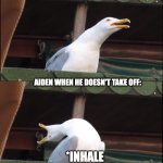 Inhaling Seagull | AIDEN WHEN HE TAKES OFF:; AIDEN WHEN HE DOESN'T TAKE OFF:; *INHALE | image tagged in memes,inhaling seagull | made w/ Imgflip meme maker