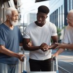 Younger black dude hanging out with two white grandpas. Helping