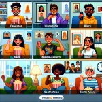 Create a cartoon emulating people join zoom meeting and eating p