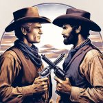 Two cowboys holding guns at each at the top and then at the bott