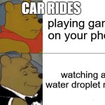 Tuxedo Winnie The Pooh | CAR RIDES; playing games on your phone; watching a water droplet race | image tagged in memes,tuxedo winnie the pooh | made w/ Imgflip meme maker