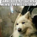 sad dog, in car | MUMMY NE LARKI KE SAMNE BOL DYA YE BACHPAN MEIN BED PR MOOT DETA THA; SAREY AURA KA LAURA HO GAYA | image tagged in sad dog in car | made w/ Imgflip meme maker