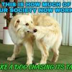 This Is How Much Of Our Society Now Works | THIS IS HOW MUCH OF
OUR SOCIETY NOW WORKS; LIKE A DOG CHASING ITS TAIL | image tagged in dog tail-chasing,society sucks,we live in a society,life sucks,i don't want to live on this planet anymore,life lessons | made w/ Imgflip meme maker