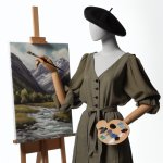 A mannequin dressed up as an artist admiring his painting