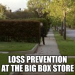 Loss prevention | LOSS PREVENTION AT THE BIG BOX STORE | image tagged in michael myers waiting,loss prevention,watching,self checkout | made w/ Imgflip meme maker