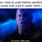 im sorry yosh | how I look at yoshi before sacrificing him to jump over a pit in super mario world: | image tagged in im sorry little one | made w/ Imgflip meme maker