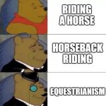 Fancy pooh | RIDING A HORSE; HORSEBACK RIDING; EQUESTRIANISM | image tagged in fancy pooh | made w/ Imgflip meme maker