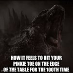 *Slowly inhaling* AAAAAAAAAAAAA | HOW IT FEELS TO HIT YOUR PINKIE TOE ON THE EDGE OF THE TABLE FOR THE 100TH TIME | image tagged in gifs,godzilla hits his toe on the edge of a table | made w/ Imgflip video-to-gif maker