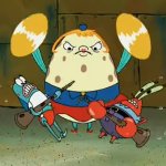 Mrs Puff slams Mr Krabs and Shark with tambourine