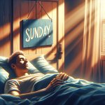 Man sleeping in bed, daytime, with a sign that says "Sunday" template