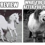 What you see ist not what you get | PREVIEW; WHAT YOU GET AFTER YOU PAID | image tagged in beautiful unicorn and ugly horse | made w/ Imgflip meme maker