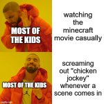 Drake Hotline Bling | watching the minecraft movie casually; MOST OF THE KIDS; screaming out ''chicken jockey'' whenever a scene comes in; MOST OF THE KIDS | image tagged in memes,drake hotline bling | made w/ Imgflip meme maker