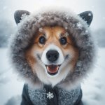 Cute dog with coat in winter and cold