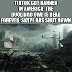 The world of apps is falling apart | TIKTOK GOT BANNED IN AMERICA, THE DUOLINGO OWL IS DEAD FOREVER, SKYPE HAS SHUT DOWN | image tagged in society if opposite | made w/ Imgflip meme maker