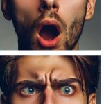 two pictures, top is a guy shocked; bottom is the same guy but c