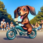 pies jamnik jadący na rowerze