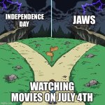 Pick a movie | JAWS; INDEPENDENCE DAY; WATCHING MOVIES ON JULY 4TH | image tagged in two castles both dark | made w/ Imgflip meme maker