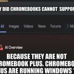 Google AI | WHY DID CHROMEBOOKS CANNOT  SUPPORT AI; BECAUSE THEY ARE NOT CHROMEBOOK PLUS. CHROMEBOOK PLUS ARE RUNNING WINDOWS 12 | image tagged in google ai,chromebook,google chrome,google v bing | made w/ Imgflip meme maker