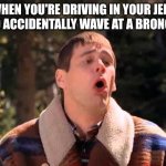 Oops, Not Jeep | WHEN YOU'RE DRIVING IN YOUR JEEP AND ACCIDENTALLY WAVE AT A BRONCO... | image tagged in dumb and dumber gagging | made w/ Imgflip meme maker