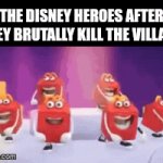 And it's mostly at the end credits | THE DISNEY HEROES AFTER THEY BRUTALLY KILL THE VILLAIN: | image tagged in gifs,memes,funny,mcdonalds,dancing,disney | made w/ Imgflip video-to-gif maker