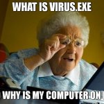 Grandma Finds The Internet Meme | WHAT IS VIRUS.EXE; AND WHY IS MY COMPUTER ON FIRE | image tagged in memes,grandma finds the internet,funny,gifs,not a gif,fun | made w/ Imgflip meme maker