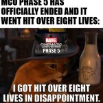 MCU Phase 5 is now Puss in Boots hit over eight lives | MCU PHASE 5 HAS OFFICIALLY ENDED AND IT WENT HIT OVER EIGHT LIVES:; PHASE 5; I GOT HIT OVER EIGHT LIVES IN DISAPPOINTMENT. | image tagged in gato con botas,puss in boots,marvel cinematic universe,marvel | made w/ Imgflip meme maker