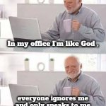 The Chief Cook and Bottle washer | In my office I'm like God , everyone ignores me and only speaks to me when they want something | image tagged in memes,hide the pain harold,adore me,well yes but actually no,invisible,go away | made w/ Imgflip meme maker