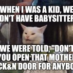 Smudge that darn cat | WHEN I WAS A KID, WE DIDN'T HAVE BABYSITTERS; WE WERE TOLD, "DON'T YOU OPEN THAT MOTHER F#CK&N DOOR FOR ANYBODY | image tagged in smudge that darn cat | made w/ Imgflip meme maker
