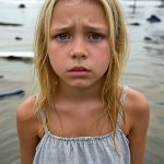 Little blond girl in flooding waters
