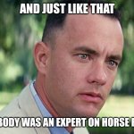 Gump musume | AND JUST LIKE THAT; EVERYBODY WAS AN EXPERT ON HORSE RACING | image tagged in memes,and just like that,horse | made w/ Imgflip meme maker