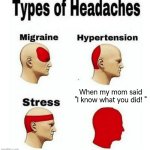 "I know what you did!" | When my mom said "I know what you did! " | image tagged in types of headaches meme | made w/ Imgflip meme maker