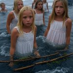 Little blond girls in flooding waters