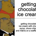 chocolate overload | getting chocolate ice cream; getting chocolate ice cream with choco syrup, choco chips, and m&ms on a waffle cone | image tagged in memes,tuxedo winnie the pooh | made w/ Imgflip meme maker