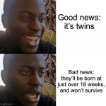Twins? | Good news: it’s twins; Bad news: they’ll be born at just over 18 weeks, and won’t survive | image tagged in yes no guy,twins | made w/ Imgflip meme maker