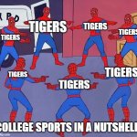 7 Spider-Men Pointing Meme | TIGERS; TIGERS; TIGERS; TIGERS; TIGERS; TIGERS; TIGERS; COLLEGE SPORTS IN A NUTSHELL | image tagged in 7 spider-men pointing meme | made w/ Imgflip meme maker