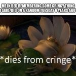 I did a bunch of cringy sh¡t | ME IN BED REMEMBERING SOME CRINGY THING I SAID/DID ON A RANDOM TUESDAY 6 YEARS AGO* | image tagged in dies from cringe | made w/ Imgflip meme maker