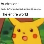 shocking | Australian:; Aussies don't have pet wombats and don't ride kangaroos; The entire world | image tagged in memes,surprised pikachu | made w/ Imgflip meme maker
