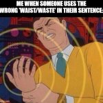 Same goes for the two/to/too, there/their/they're & your/you're | ME WHEN SOMEONE USES THE WRONG 'WAIST/WASTE' IN THEIR SENTENCE: | image tagged in must resist urge,grammer,police,funny,meme | made w/ Imgflip meme maker