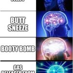 Congrats on seeing the title of the image! | FART; BUTT SNEEZE; BOOTY BOMB; GAS RELEASED FROM MY REAR END | image tagged in memes,expanding brain | made w/ Imgflip meme maker