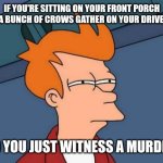 Witness Protection | IF YOU'RE SITTING ON YOUR FRONT PORCH AND A BUNCH OF CROWS GATHER ON YOUR DRIVEWAY; DID YOU JUST WITNESS A MURDER? | image tagged in memes,futurama fry | made w/ Imgflip meme maker