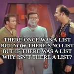 Wait, What? | THERE ONCE WAS A LIST
BUT NOW THERE'S NO LIST
BUT IF THERE WAS A LIST
WHY ISN'T THERE A LIST? | image tagged in star trek norman,list,wait what,criminals,secrets,illogical | made w/ Imgflip meme maker