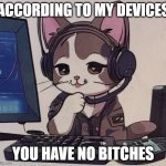 Tech support cat from singapore | ACCORDING TO MY DEVICES; YOU HAVE NO BITCHES | image tagged in tech support cat from singapore | made w/ Imgflip meme maker